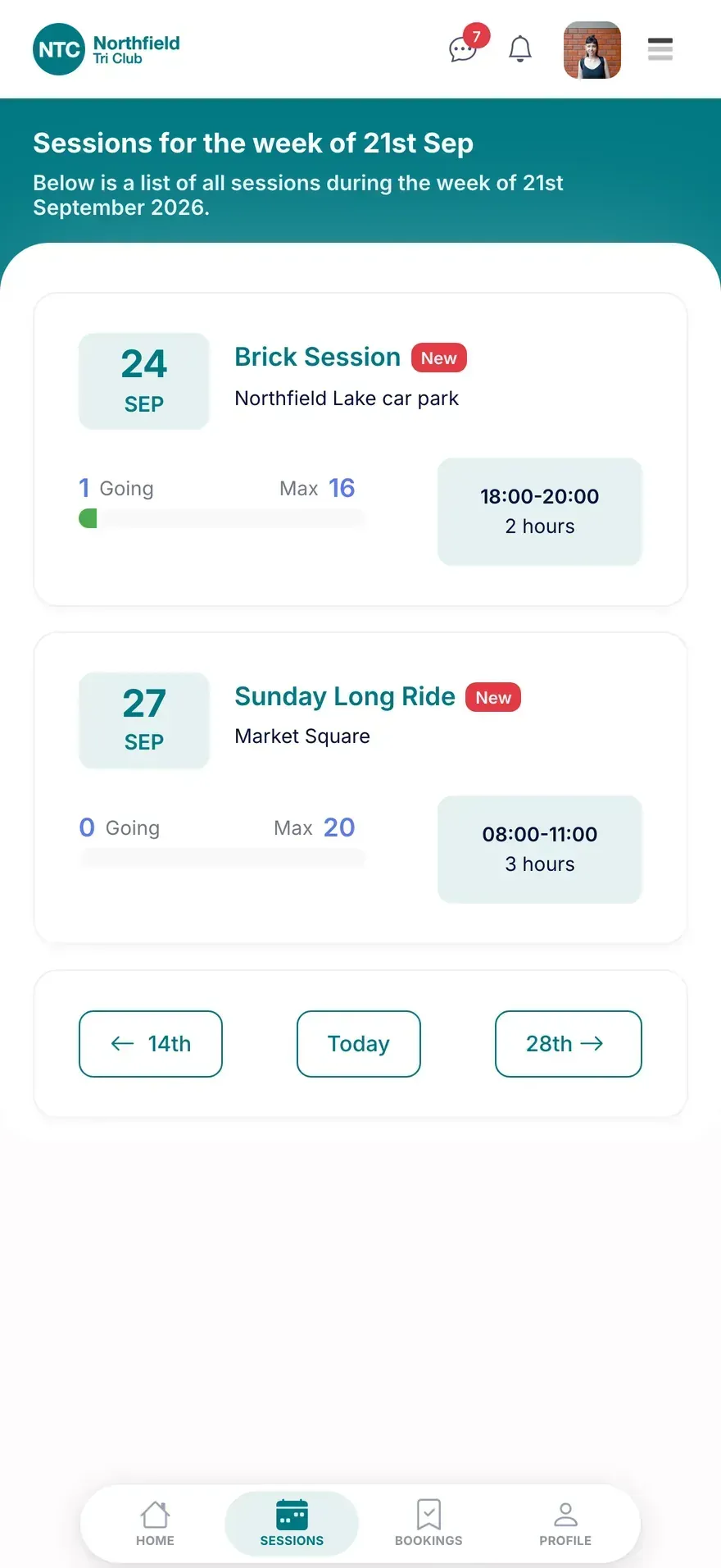 Upcoming club sessions listed in the ClubPal app